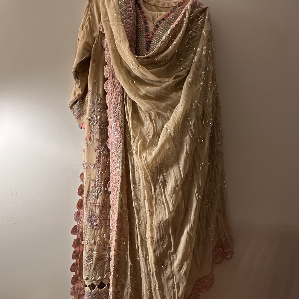 Embellished Beige and Pink Pakistani shalwar kameez with dupatta